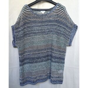 Pure Jill Beachy Blue Striped Cotton Linen Knit Sweater Top M Lagenlook Granny
